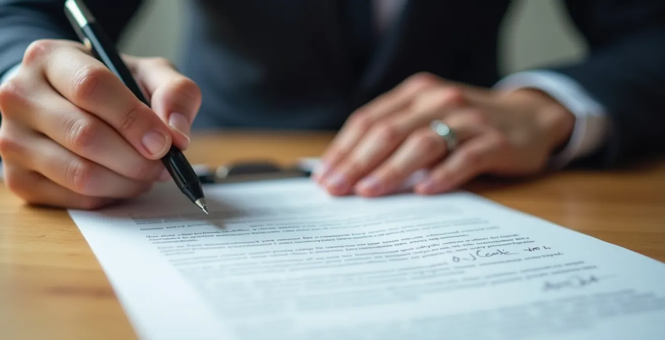 Mains signant un document officiel de bail sur une table en bois