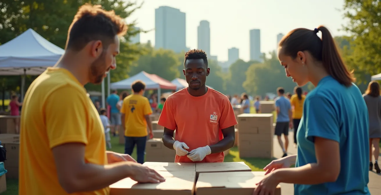 Bénévoles de diverses origines travaillant ensemble lors d'un festival montréalais