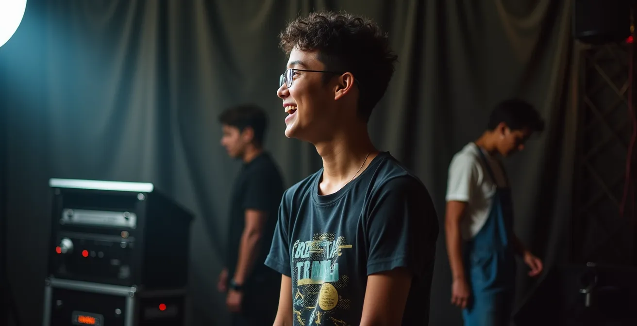 Bénévole en t-shirt du festival dans les coulisses avec équipement scénique en arrière-plan