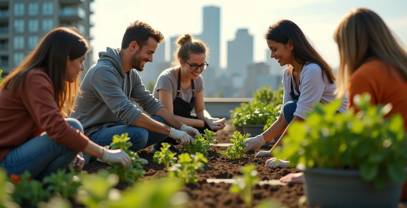Groupe diversifié de bénévoles travaillant ensemble dans un jardin urbain sur un toit de Montréal avec la ville en arrière-plan