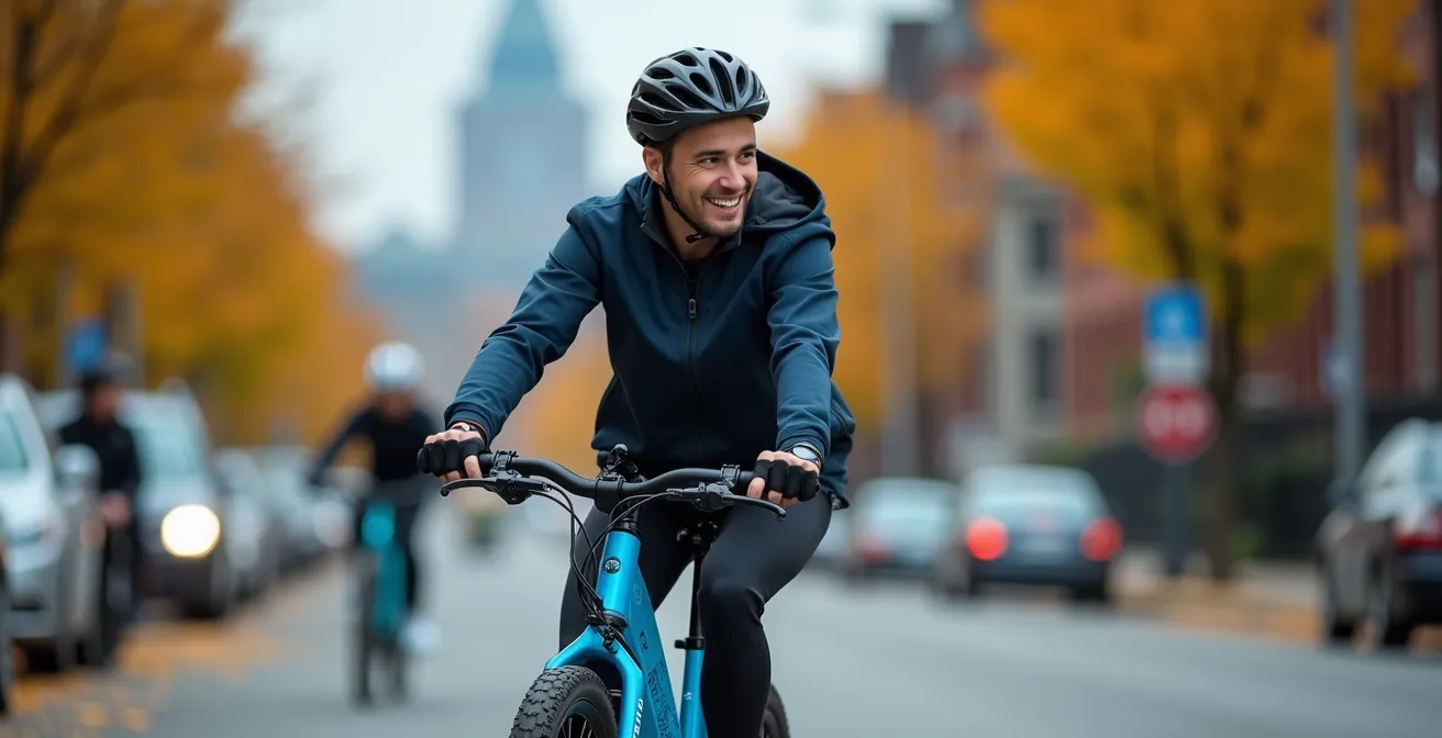 Cycliste sur BIXI électrique bleu gravissant une pente avec le Mont-Royal en arrière-plan