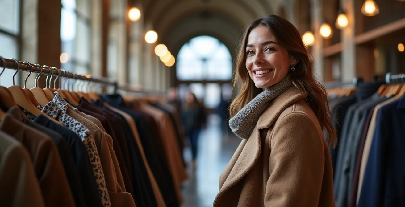 Scène animée de la Grande Braderie au Marché Bonsecours avec acheteurs et portants de vêtements