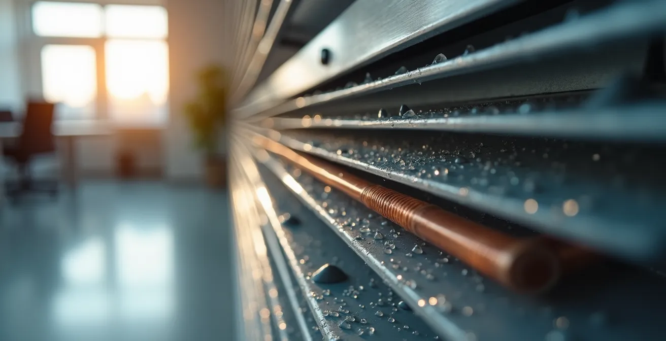 Gros plan sur un système de thermopompe moderne installé dans un bureau montréalais avec détails techniques visibles