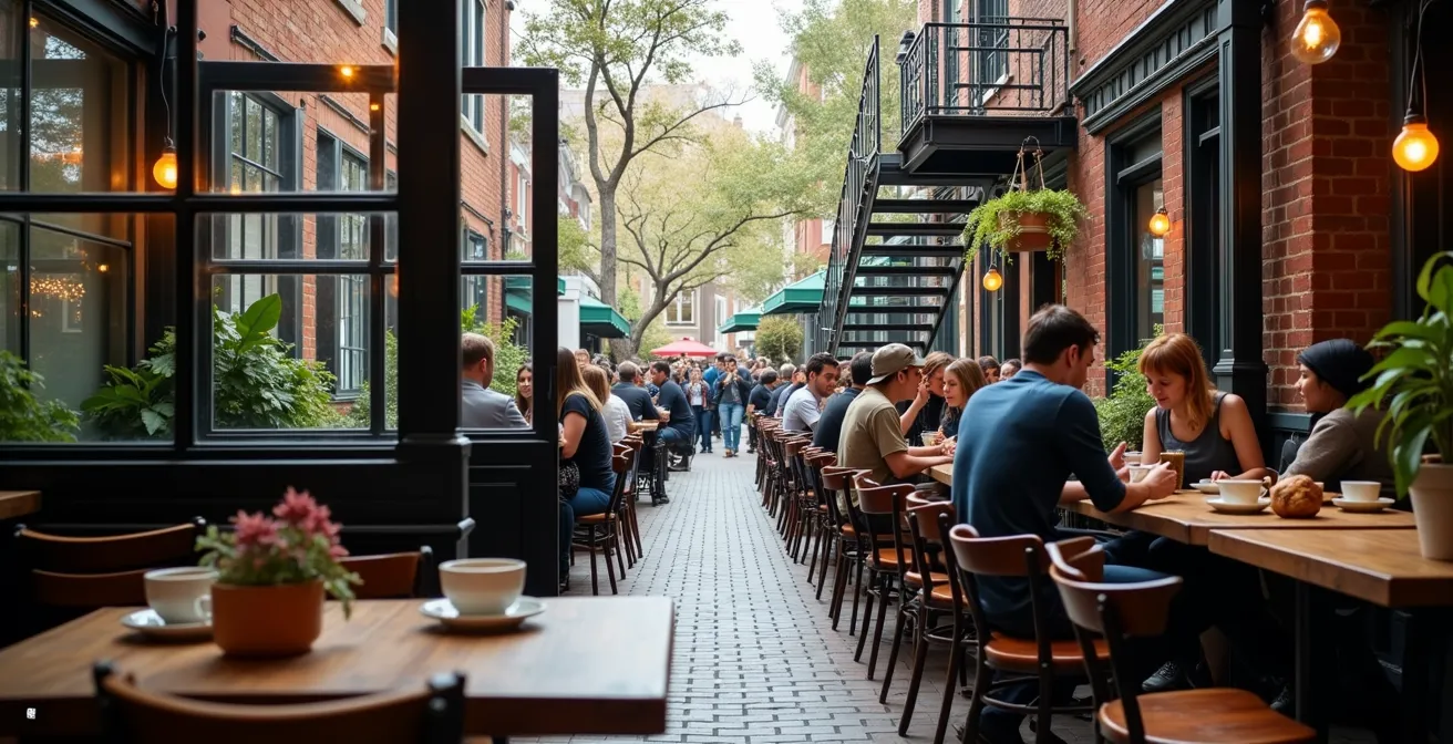 Terrasse animée d'un café du Mile-End avec diversité de clients et architecture typique