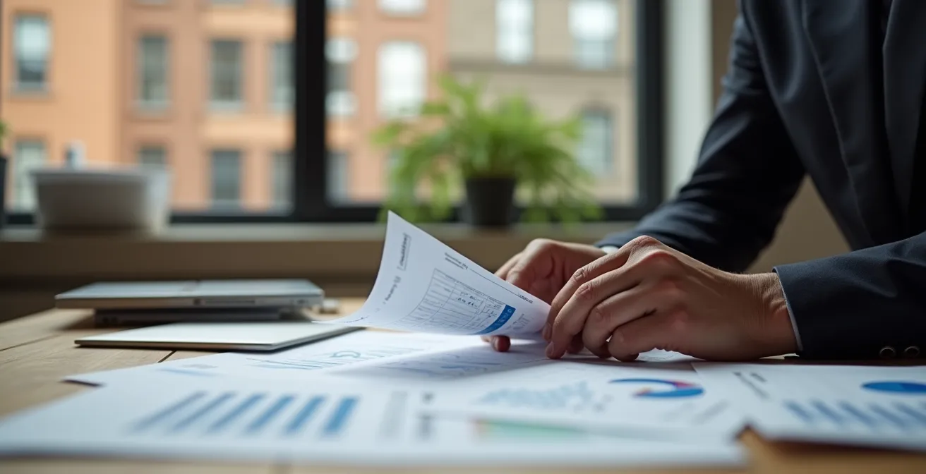 Propriétaire analysant des documents financiers avec calculatrice dans un intérieur montréalais