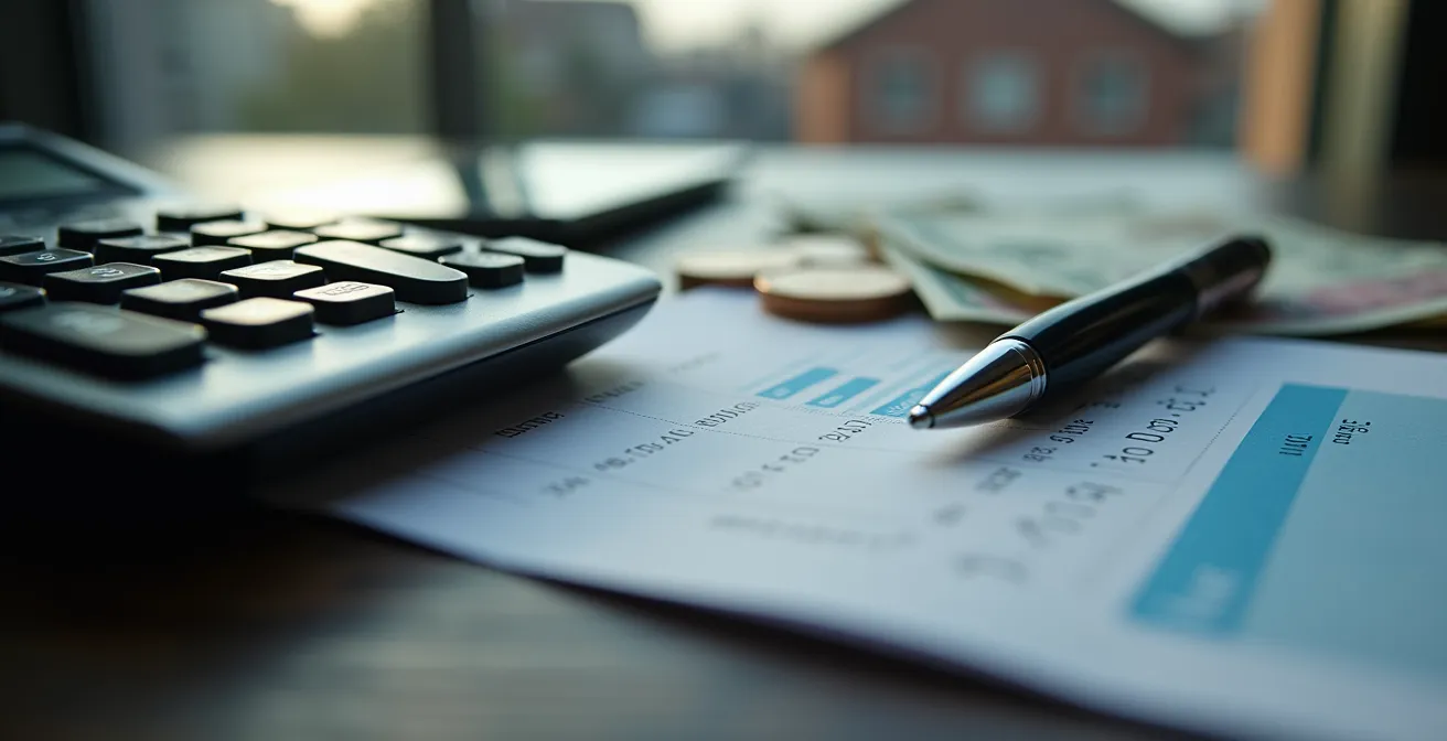 Espace de travail avec calculatrice, graphiques financiers et vue sur les toits de Montréal