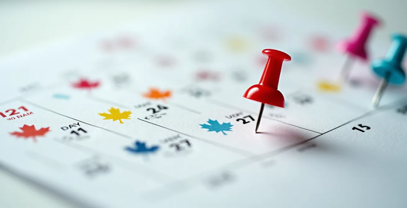 Vue macro d'un calendrier papier avec des rappels de vaccination marqués et une main tenant un stylo