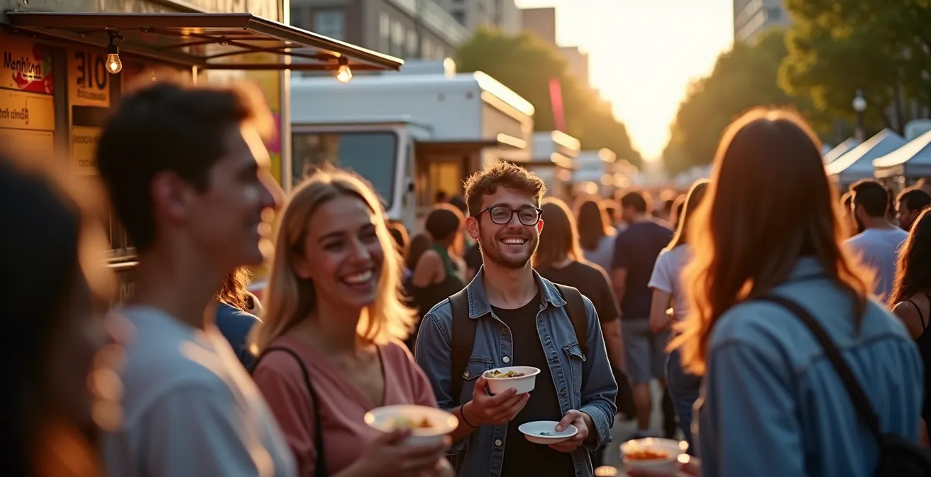 Rangée de camions de cuisine de rue colorés avec clients diversifiés au soleil couchant à Montréal