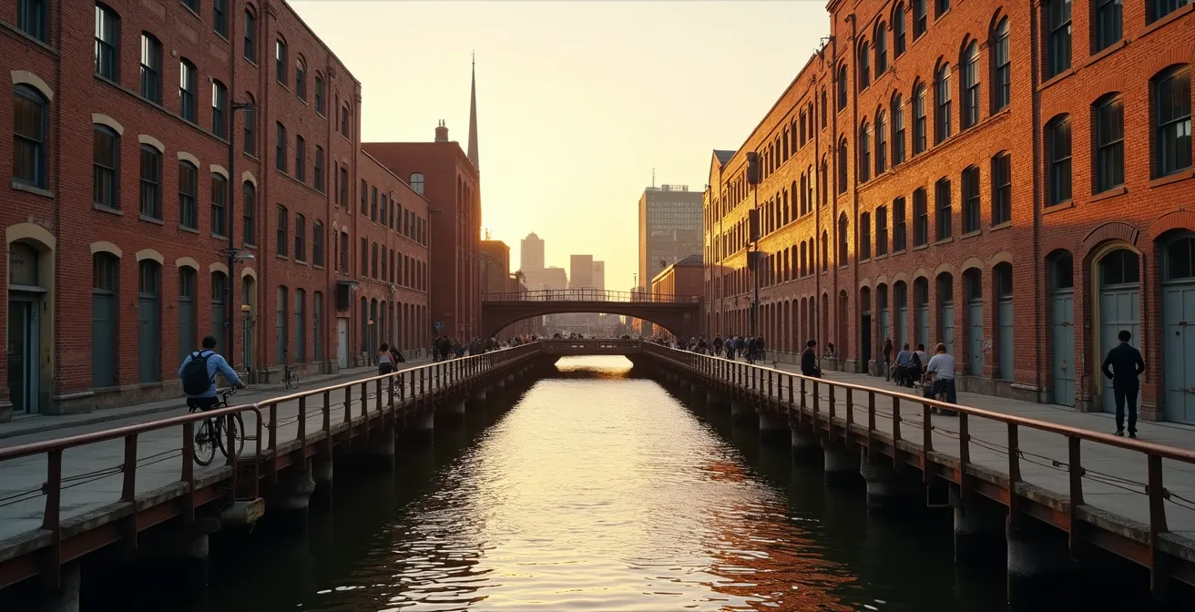 Vue grand angle du canal de Lachine avec anciennes structures industrielles en arrière-plan