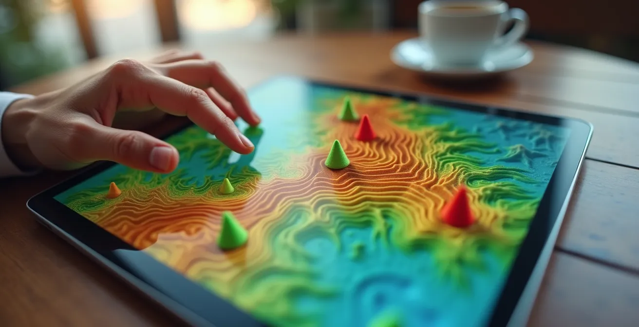 Écran de smartphone montrant une carte colorée avec multiples épingles et calques de Montréal