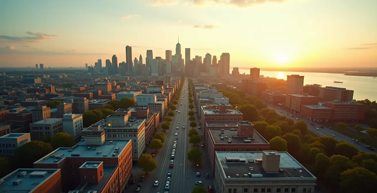 Vue aérienne stylisée de Montréal avec points d'intérêt pour matériaux écologiques