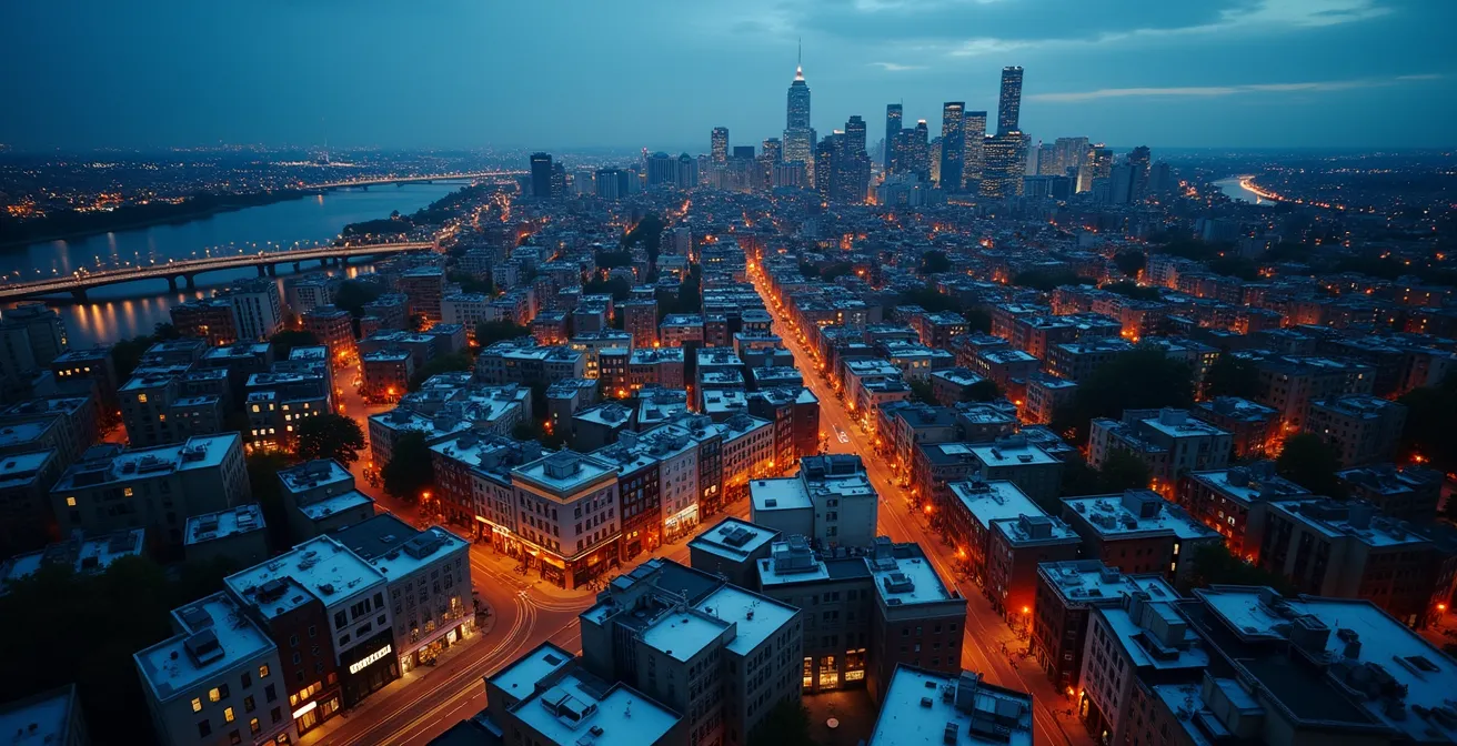 Vue aérienne stylisée de Montréal avec points lumineux marquant les entreprises d'économie sociale