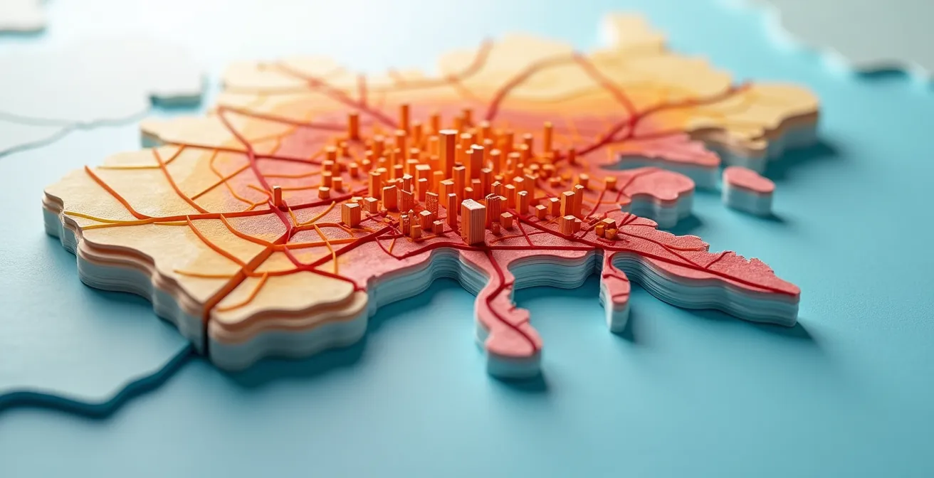 Carte thermique stylisée de Montréal montrant le potentiel d'investissement par zones de couleur