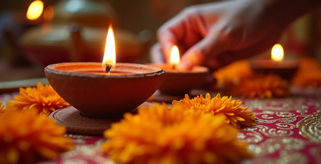 Préparation de lampes traditionnelles pour Diwali avec des mains arrangeant des décorations colorées