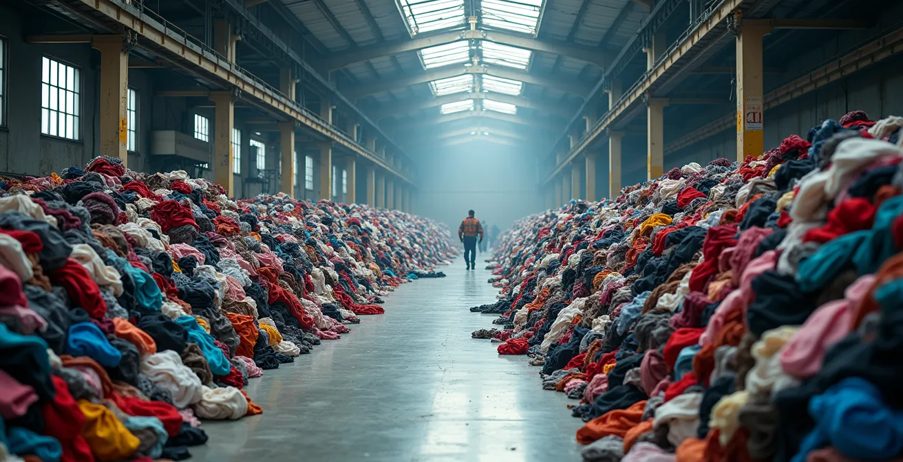 Centre de tri textile avec montagnes de vêtements colorés dans un entrepôt montréalais