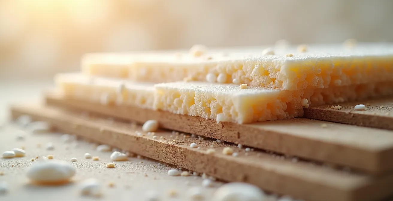 Vue macro de matériaux de construction écologiques avec labels de certification