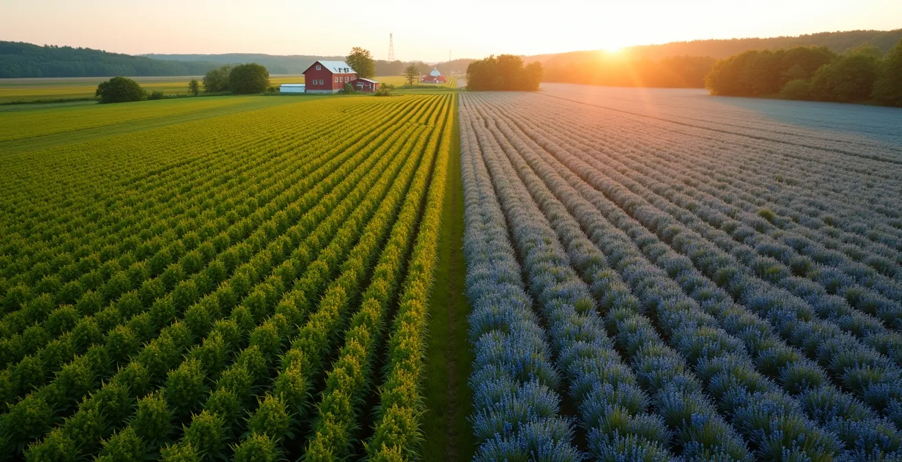 Vue aérienne montrant deux parcelles agricoles côte à côte avec du chanvre vert foncé et du lin en fleurs bleues au Québec