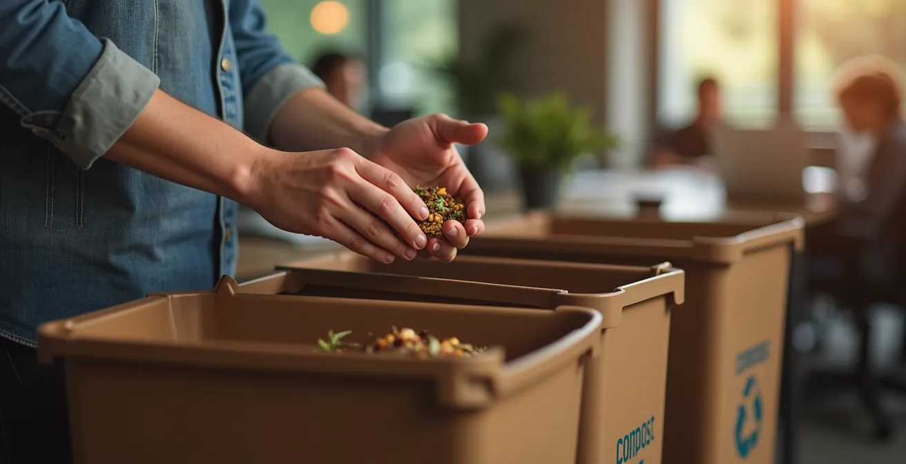 Station de compostage moderne avec signalétique colorée dans un bureau