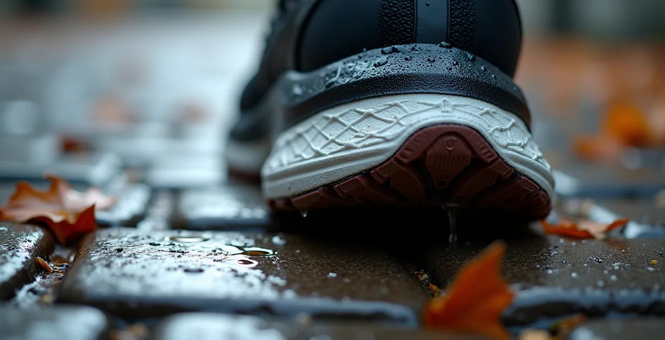 Gros plan sur semelles de chaussures de course sur pavé mouillé du Vieux-Montréal
