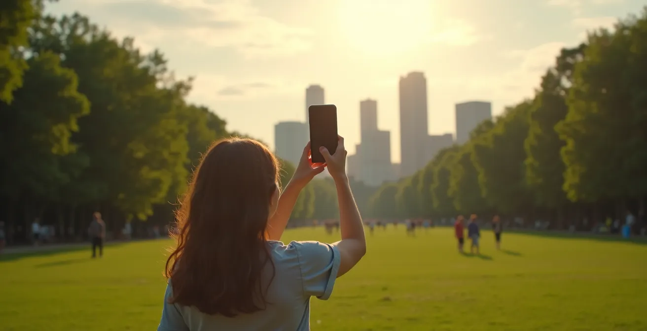 Personne utilisant un téléphone pour signaler un problème dans un parc de Montréal