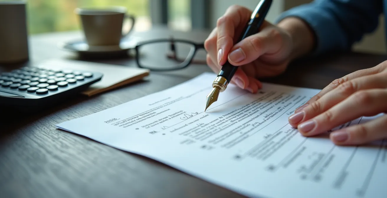 Mains signant des documents notariés sur une table en bois avec calculatrice et stylo plume