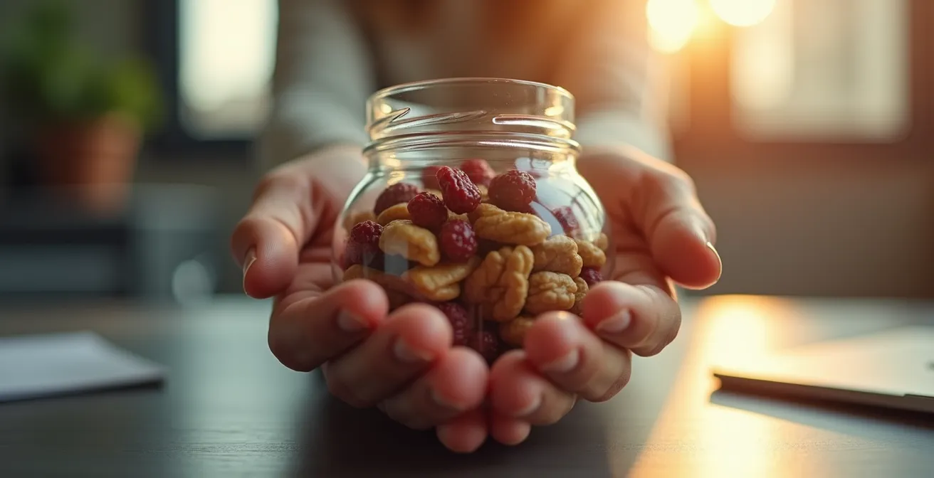 Arrangement minimaliste de collations santé sur un bureau moderne avec lumière naturelle de fin d'après-midi