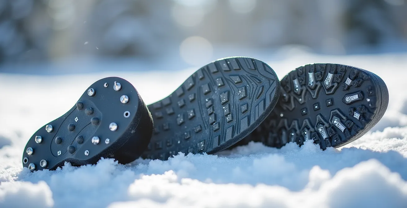 Gros plan sur différents types de semelles pour la course hivernale