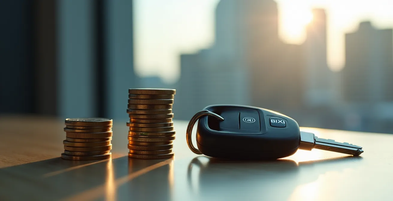 Composition visuelle montrant des pièces de monnaie empilées avec vélo et clés de voiture