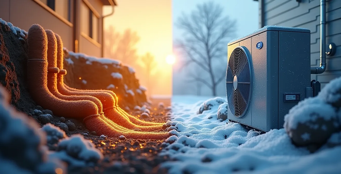 Coupe transversale montrant l'installation souterraine d'un système géothermique et une thermopompe extérieure