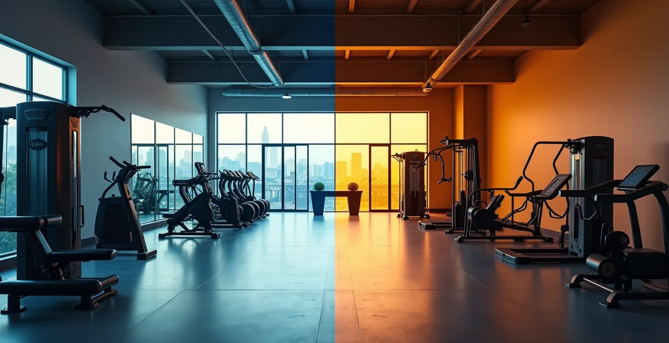 Vue intérieure contrastée de différents types de salles de sport à Montréal montrant la diversité des équipements et atmosphères