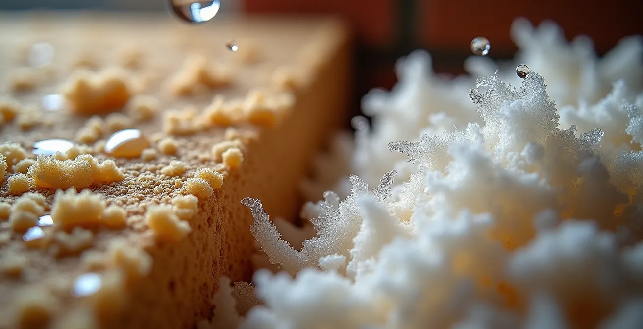 Coupe transversale d'un mur montréalais montrant la différence entre laine de chanvre et laine de verre face à l'humidité