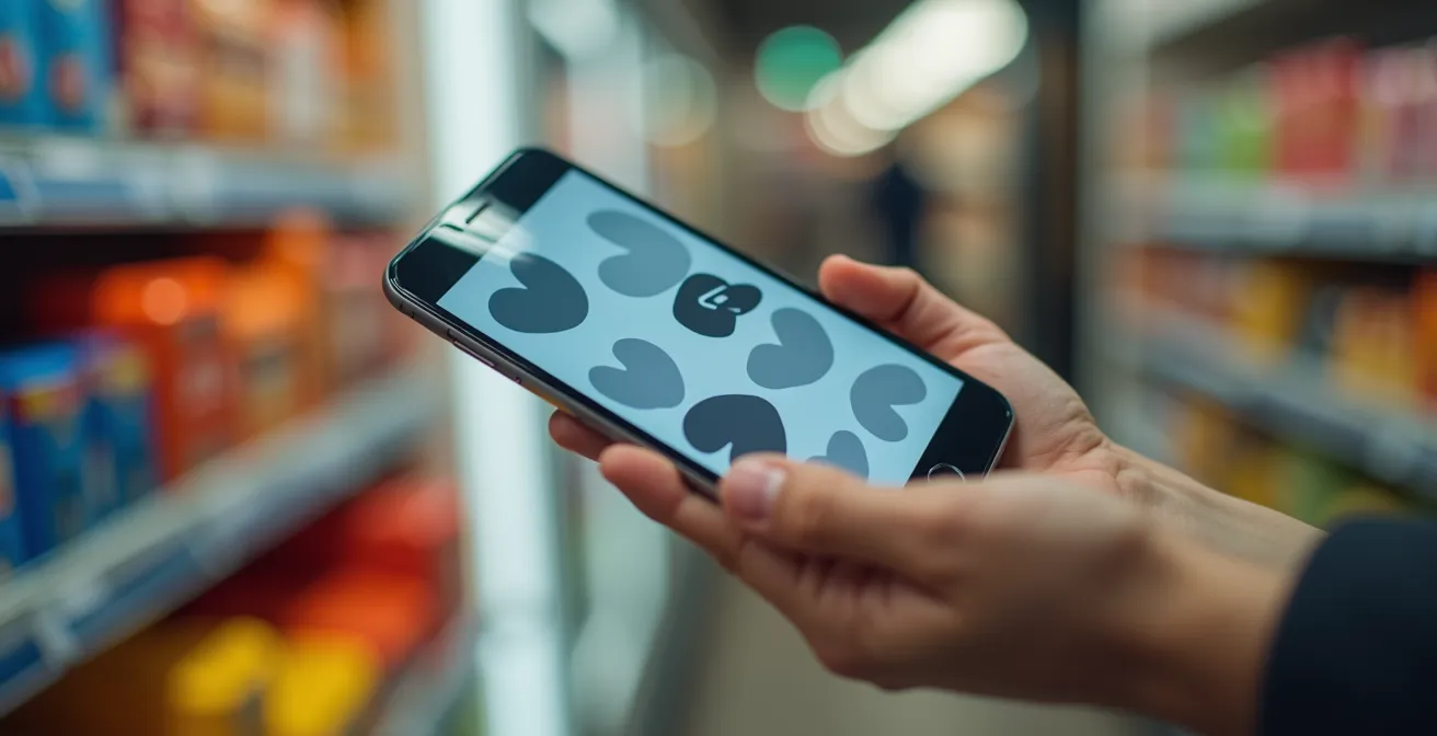 Main tenant un téléphone montrant des cartes de fidélité virtuelles, avec des produits d'épicerie flous en arrière-plan