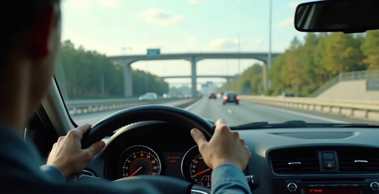 Vue depuis l'intérieur d'une voiture montrant l'échangeur Turcot avec les voies qui se fusionnent harmonieusement