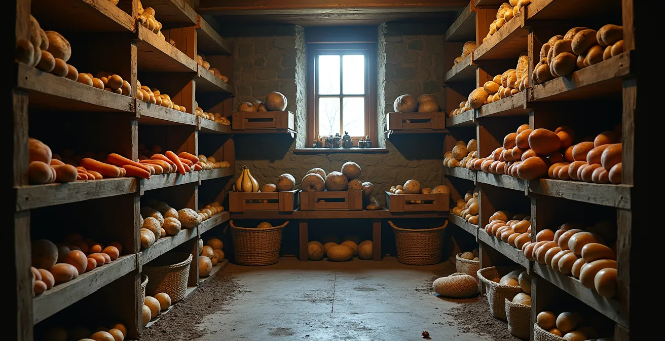Cave à légumes traditionnelle québécoise avec légumes racines bien conservés dans des caisses en bois