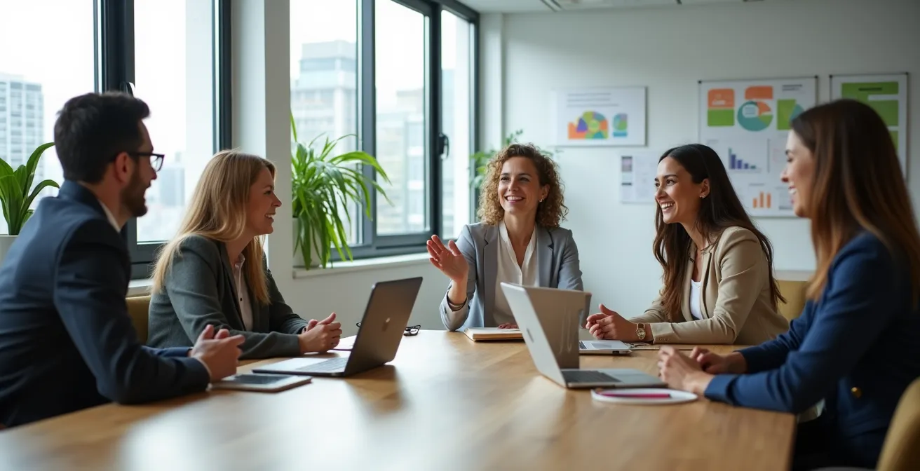 Consultants en développement durable travaillant avec des dirigeants de PME dans un bureau moderne de Montréal