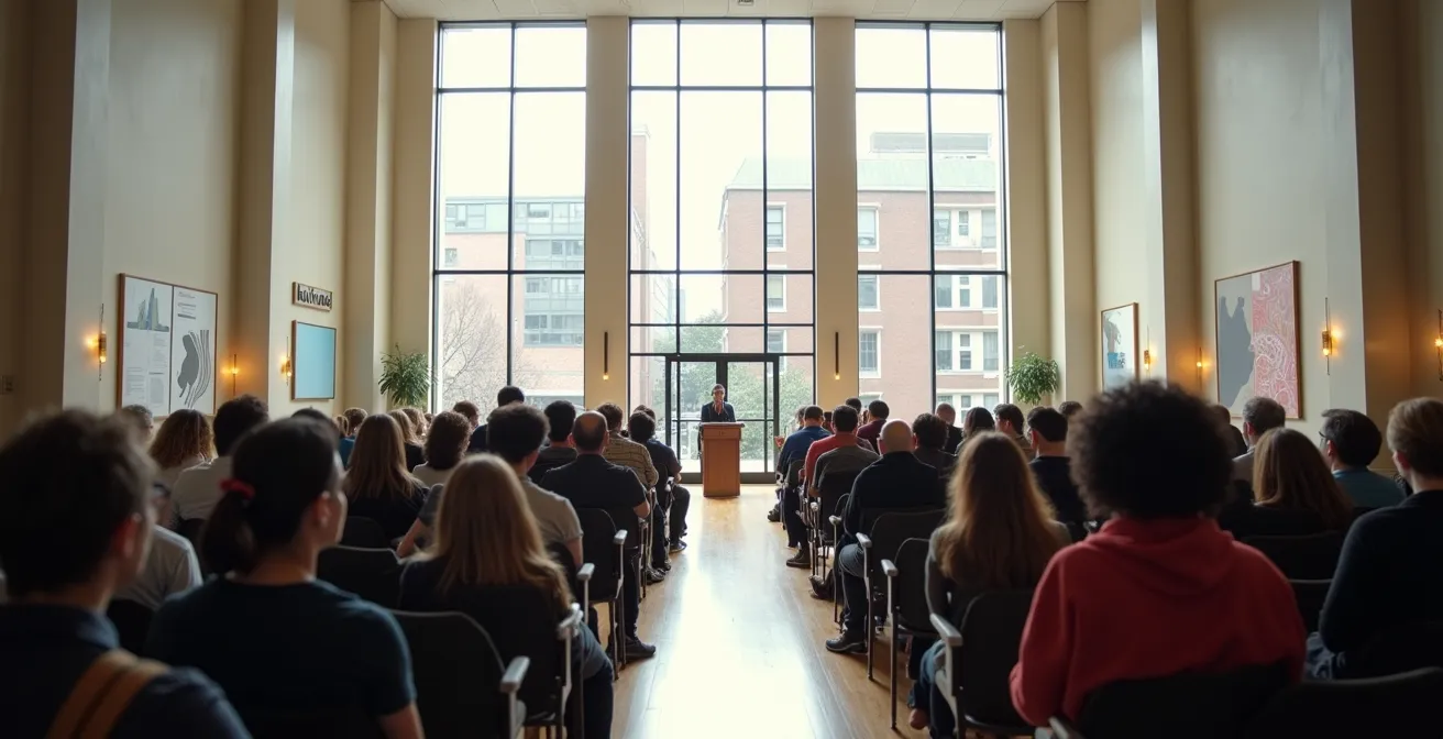 Vue grand angle d'une salle de consultation publique à Montréal avec des citoyens diversifiés écoutant attentivement une présentation