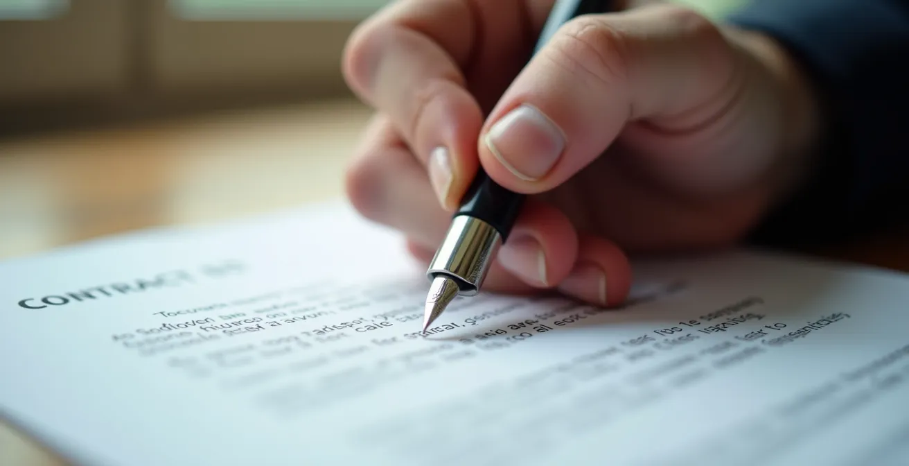 Gros plan sur une main signant un contrat de rénovation avec stylo plume