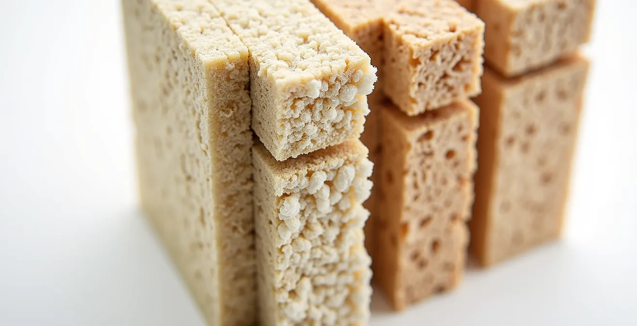 Vue en coupe d'un mur montrant différents isolants écologiques : chanvre, cellulose et fibre de bois