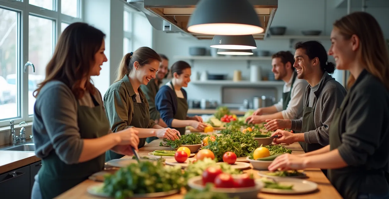 Groupe multiculturel préparant ensemble des repas dans une cuisine communautaire lumineuse