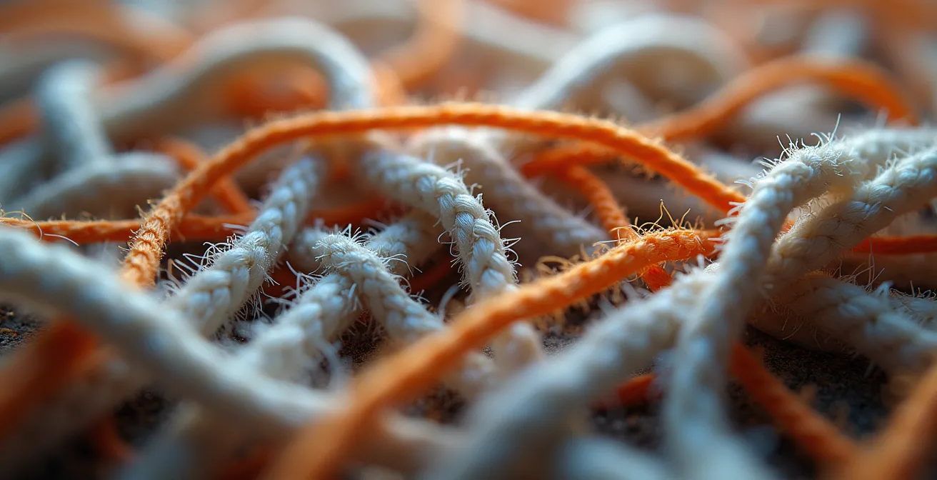 Vue macro de fibres textiles mélangées montrant la complexité du recyclage