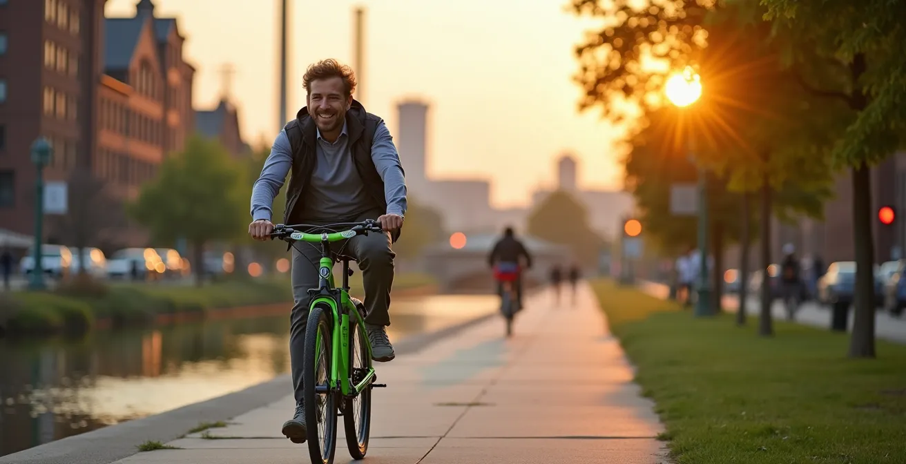 Cycliste sur un vélo BIXI longeant le canal de Lachine à Montréal par une journée ensoleillée