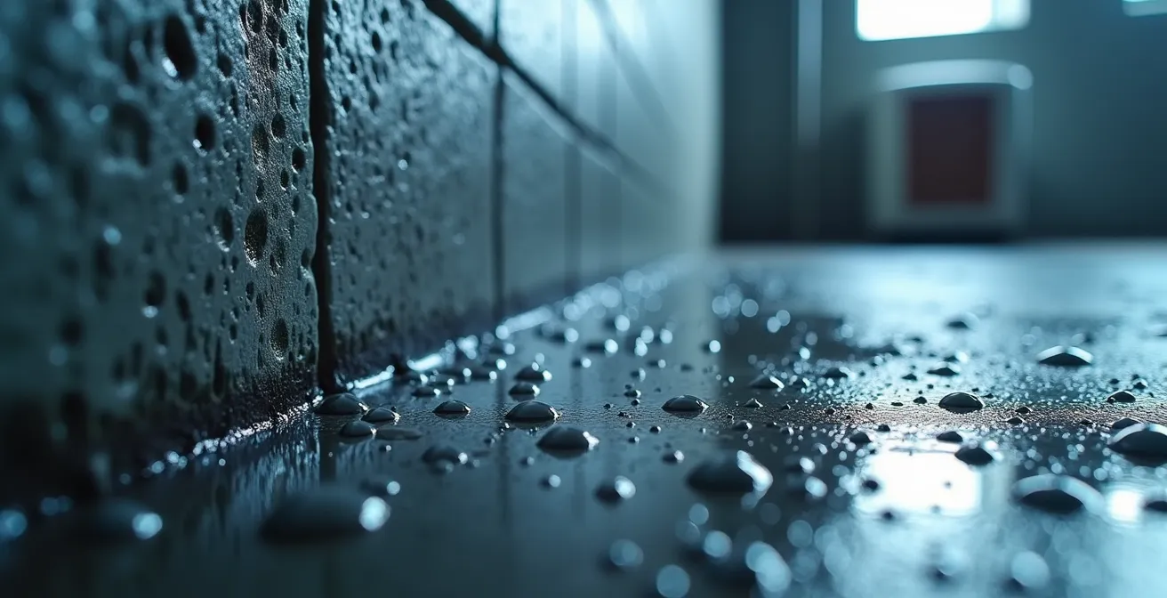 Déshumidificateur moderne installé dans un coin de sous-sol montréalais avec système de drainage visible