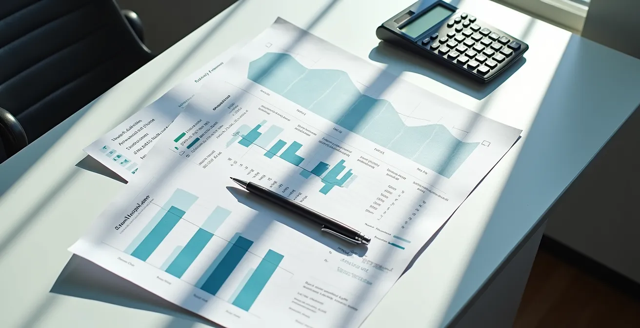 Bureau professionnel avec documents financiers et calculatrice pour présentation bancaire