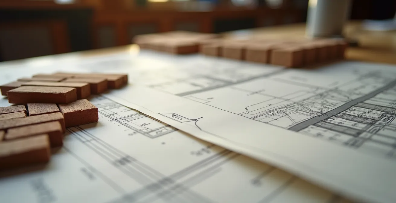 Vue macro de plans architecturaux détaillés et échantillons de matériaux sur table de travail pour projet de rénovation patrimoniale
