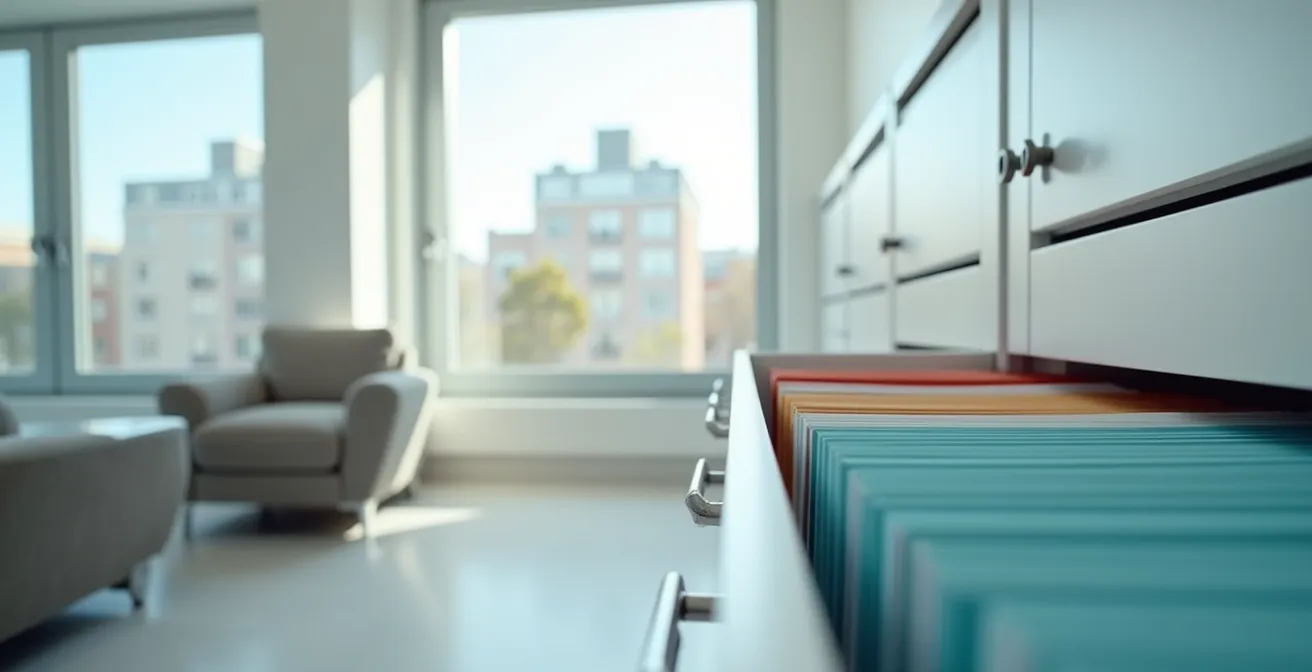 Bureau médical minimaliste avec dossiers organisés vus de côté