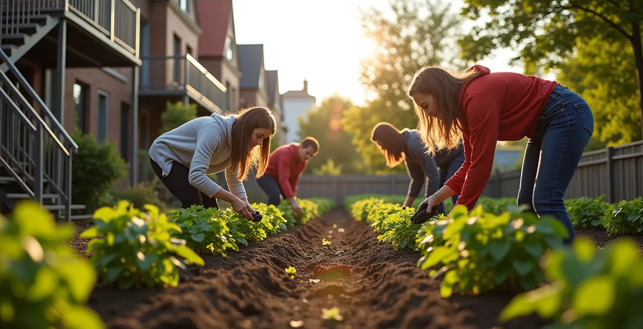Groupe intergénérationnel de bénévoles montréalais travaillant ensemble dans un jardin communautaire