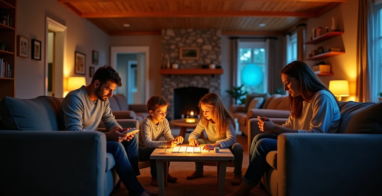 Salon québécois avec éclairage intelligent créant différentes zones d'ambiance colorée