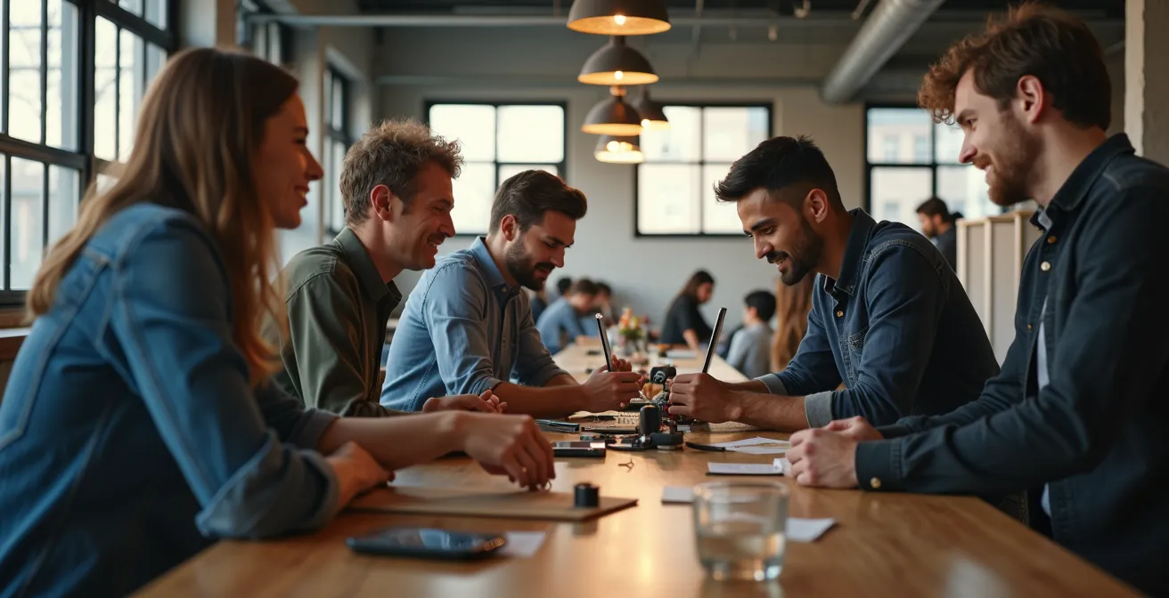 Espace de travail partagé montréalais moderne montrant des équipements mutualisés et des zones collaboratives