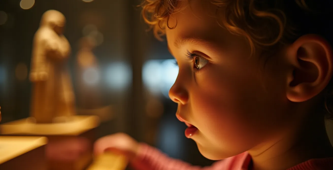 Enfant concentré observant avec fascination un seul objet historique dans un musée