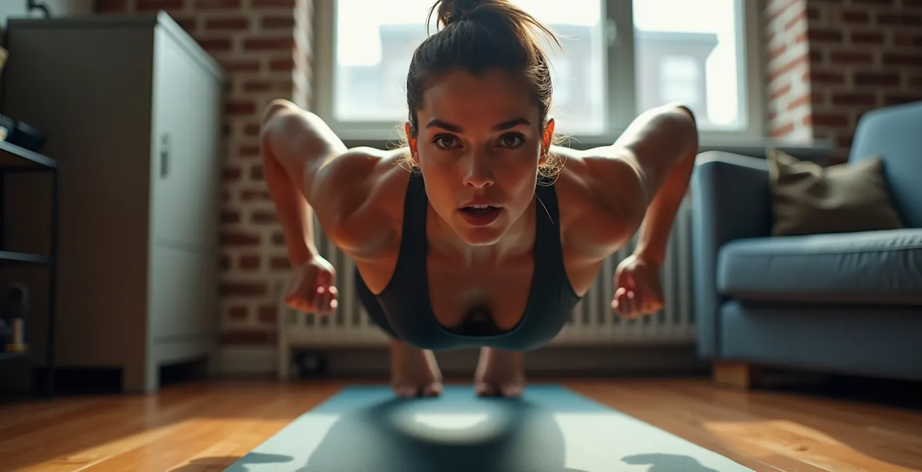 Personne faisant des exercices HIIT dans un petit appartement montréalais